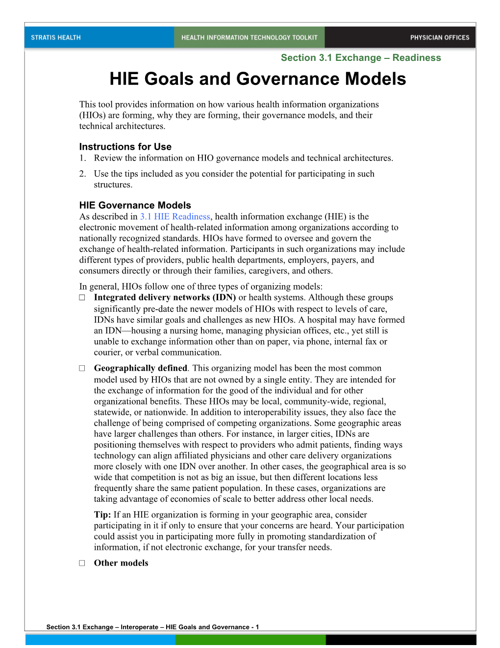 HIE Goals and Governance Models