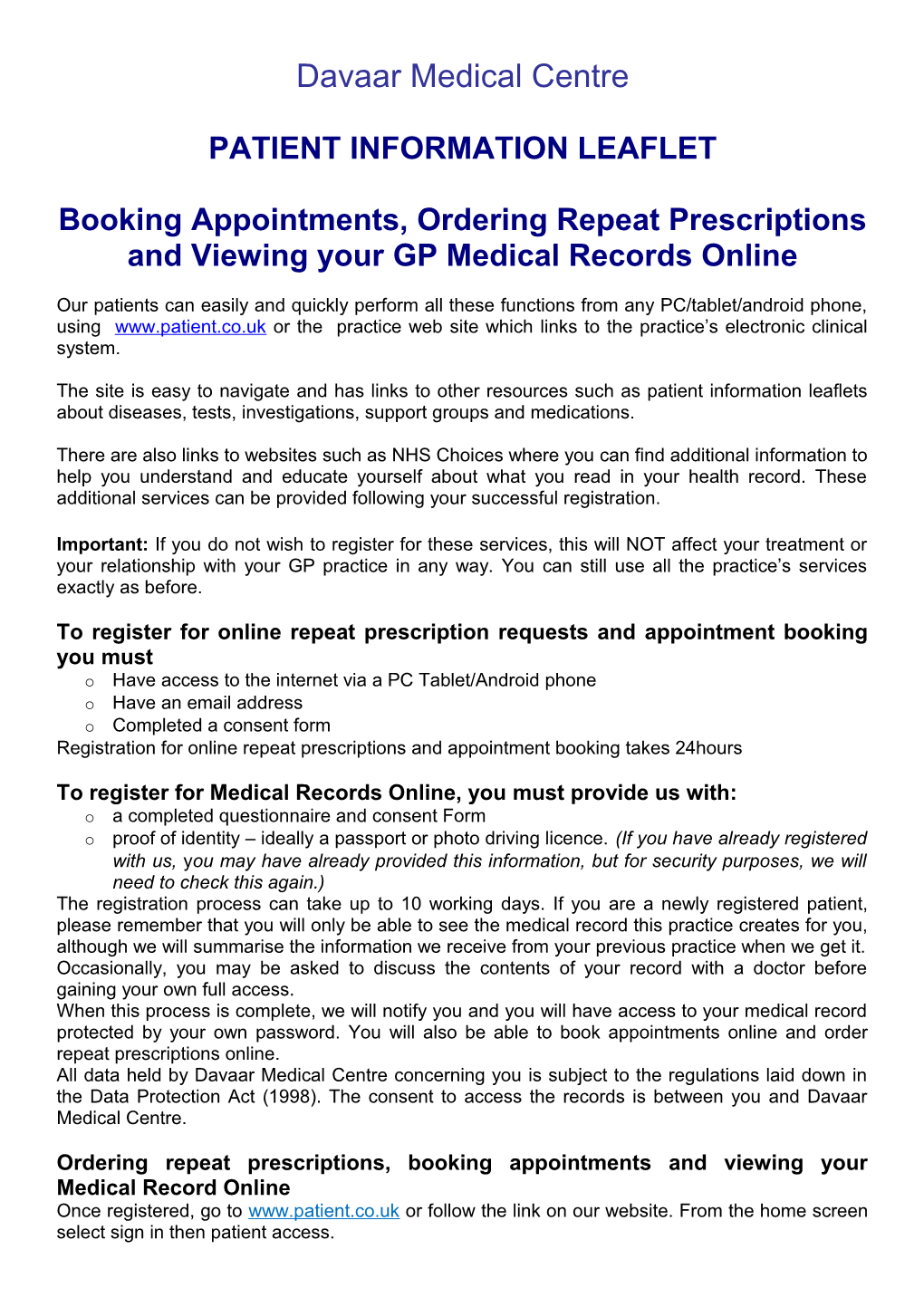 Booking Appointments, Ordering Repeat Prescriptions and Viewing Your GP Medical Records Online