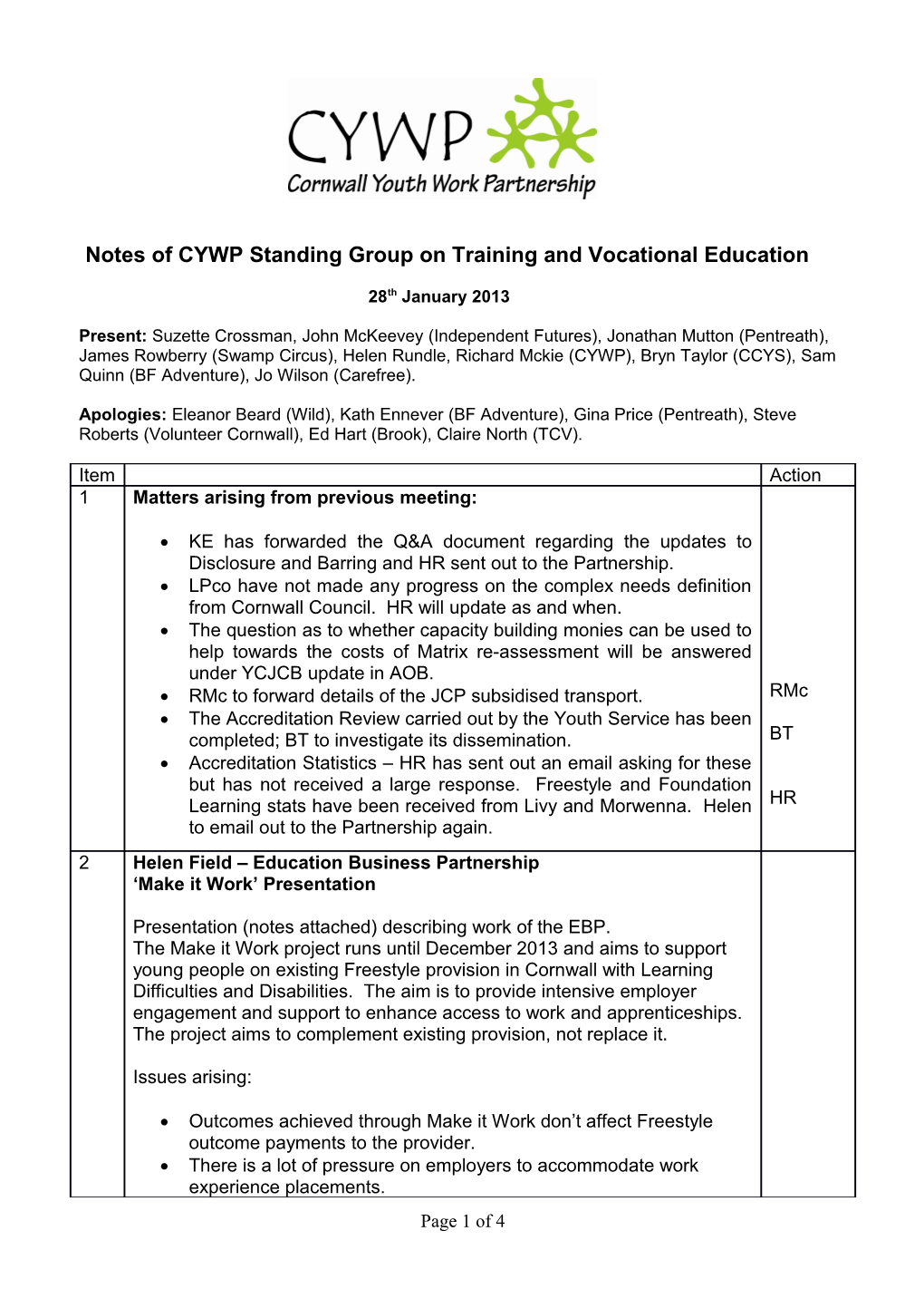 Notes of CYWP Standing Group on Training and Vocational Education