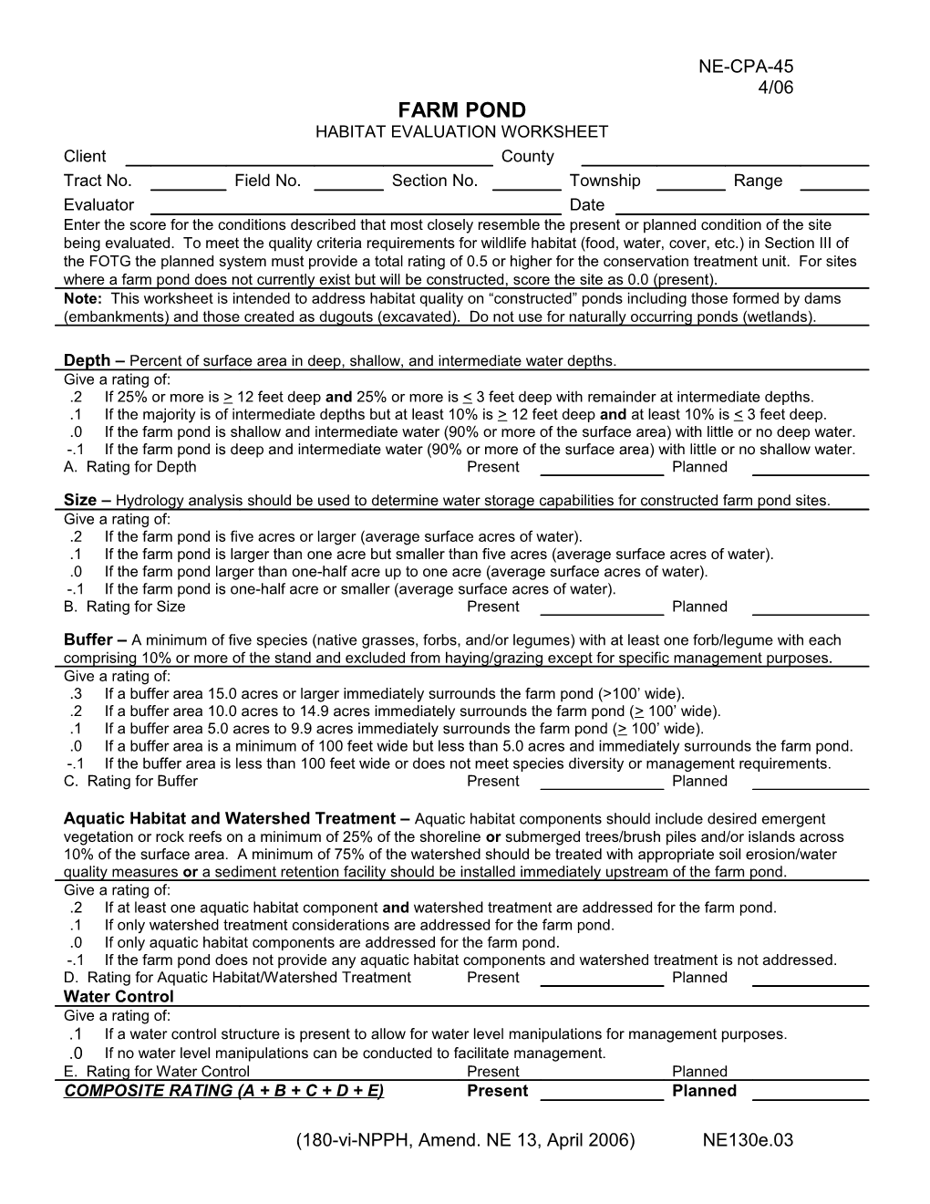 Farm Pond Habitat Evaluation Worksheet