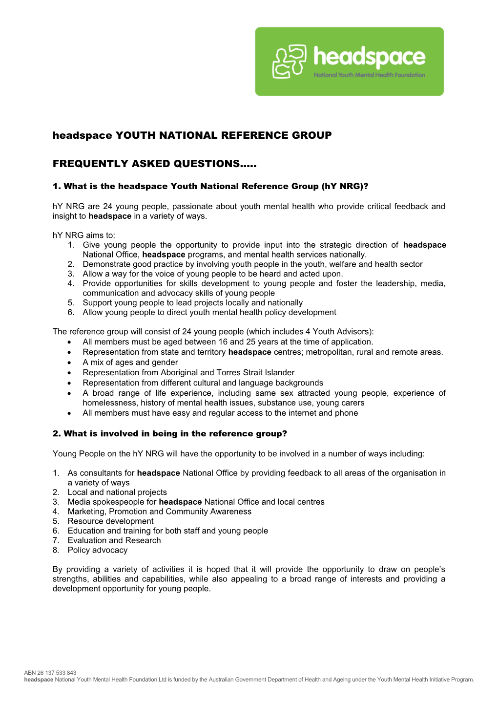 Headspace YOUTH NATIONAL REFERENCE GROUP