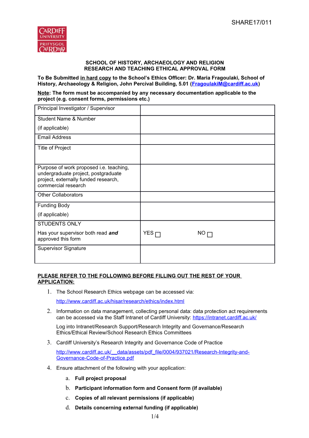 Cardiff School of Social Sciences Ethical Approval Form