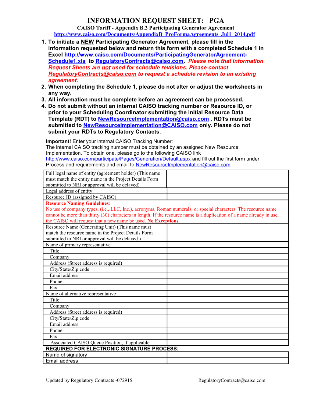 Participating Generator Agreement Information Request Sheet