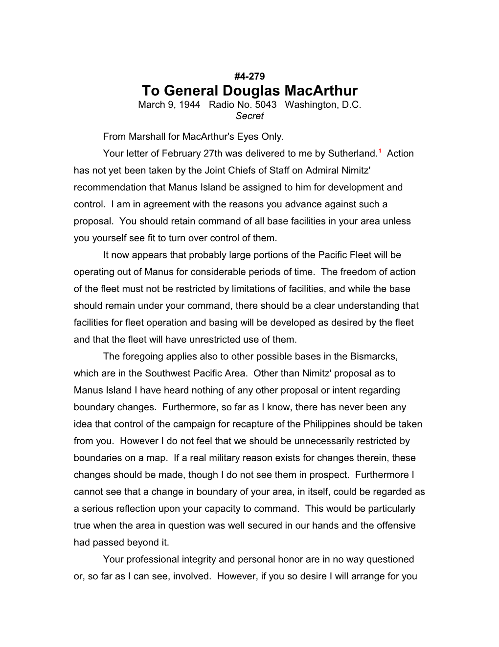 To General Douglas Macarthur