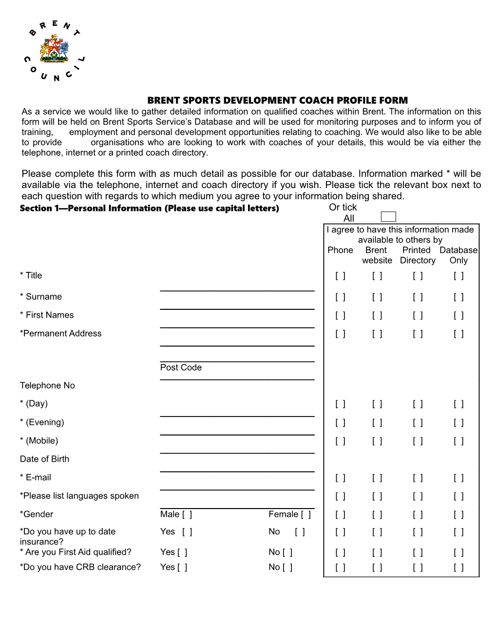 Brent Sports Development Coach Profile Form