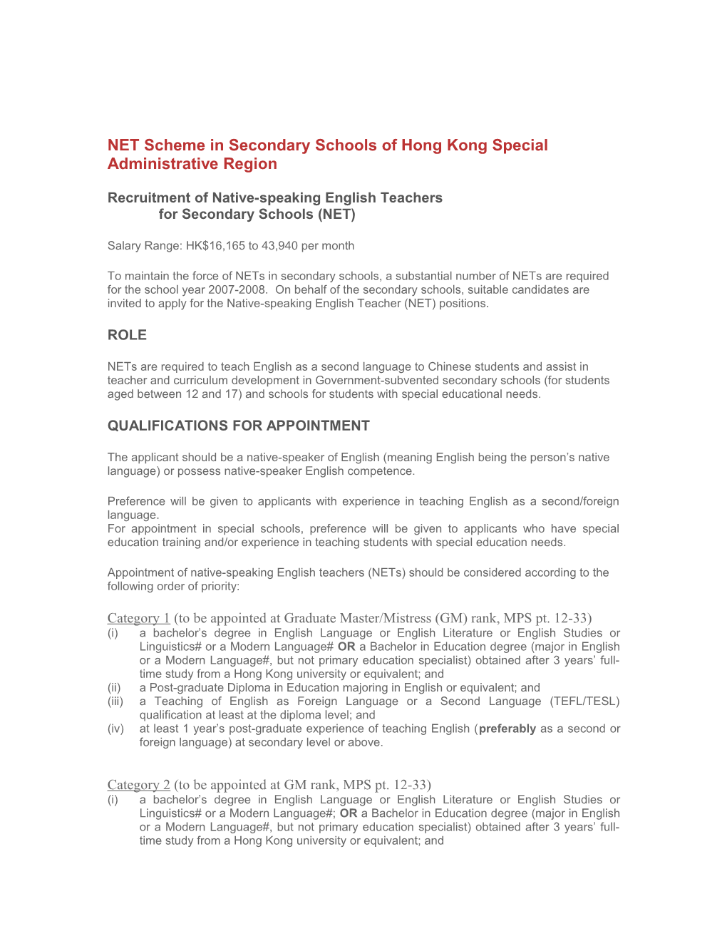 NET Scheme in Secondary Schools of Hong Kong Special Administrative Region