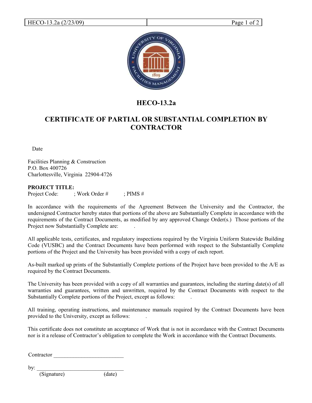 Certificate of Partial Or Substantial Completion by Architect / Engineer