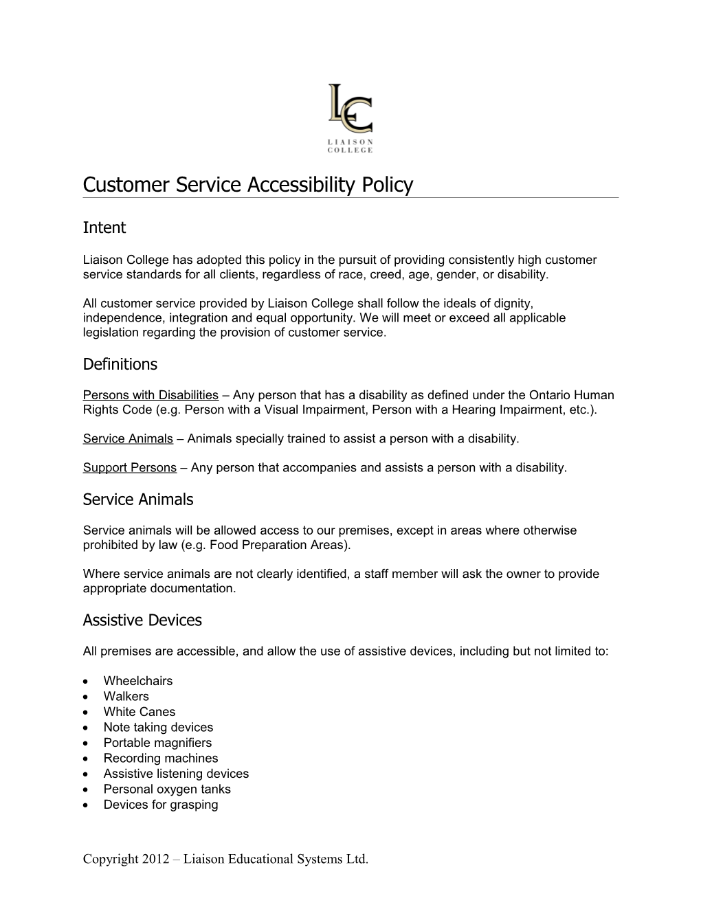 AODA Customer Service Accessibility Policy