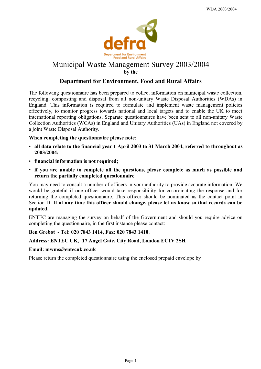 Municipal Waste Management Survey 2003/2004