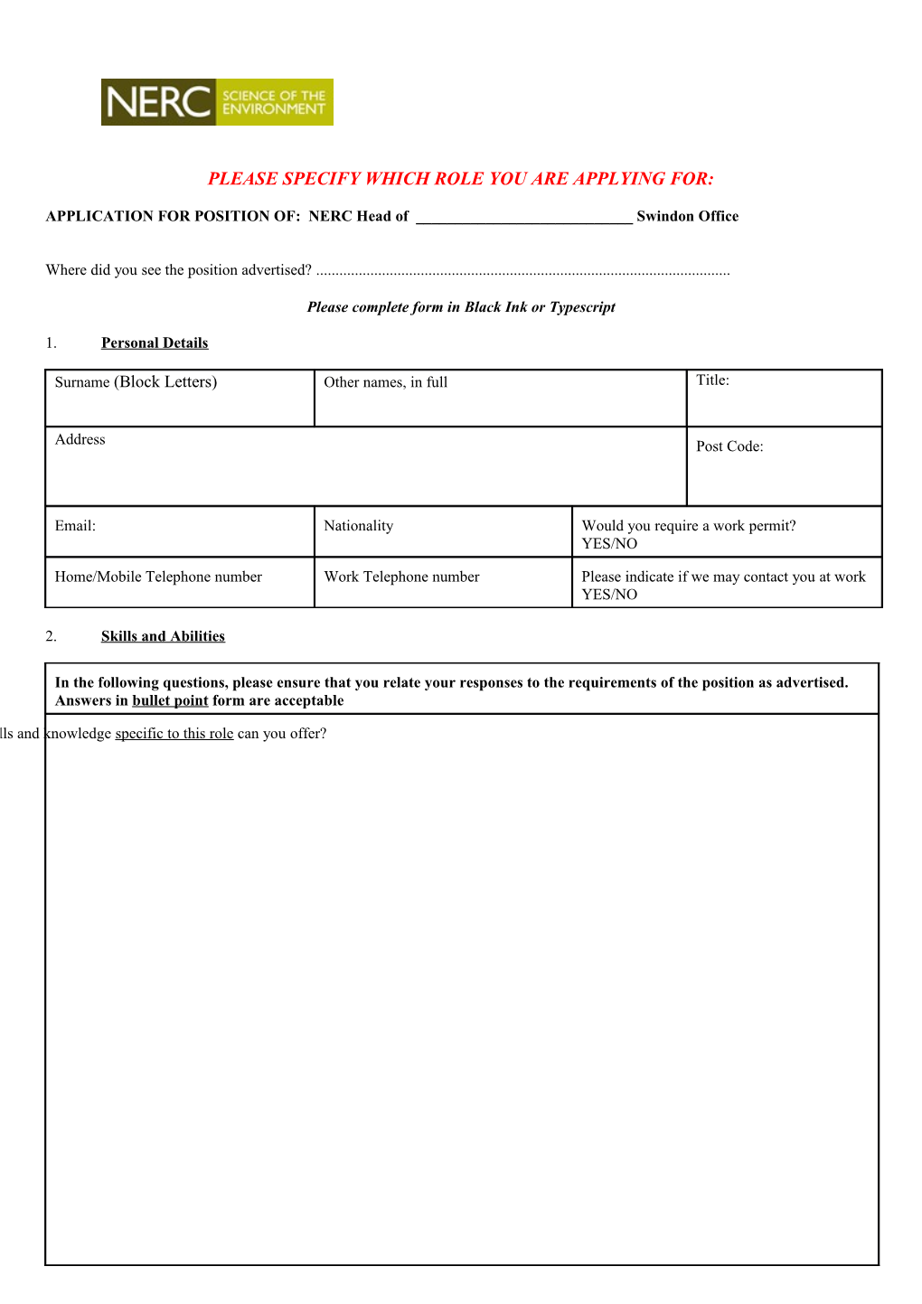 Application Form Head of (NERC SO)
