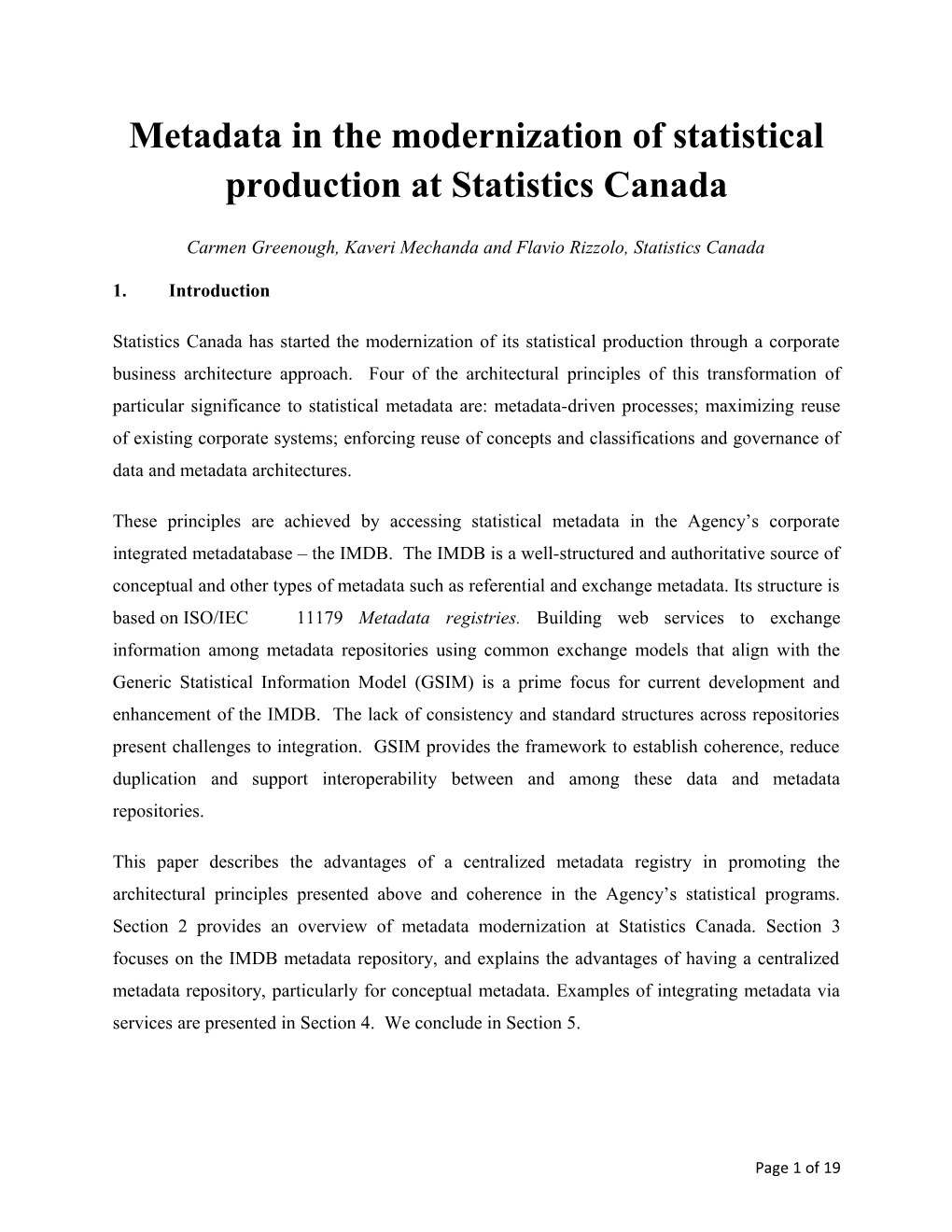 Metadata in the Modernization of Statistical Production at Statistics Canada