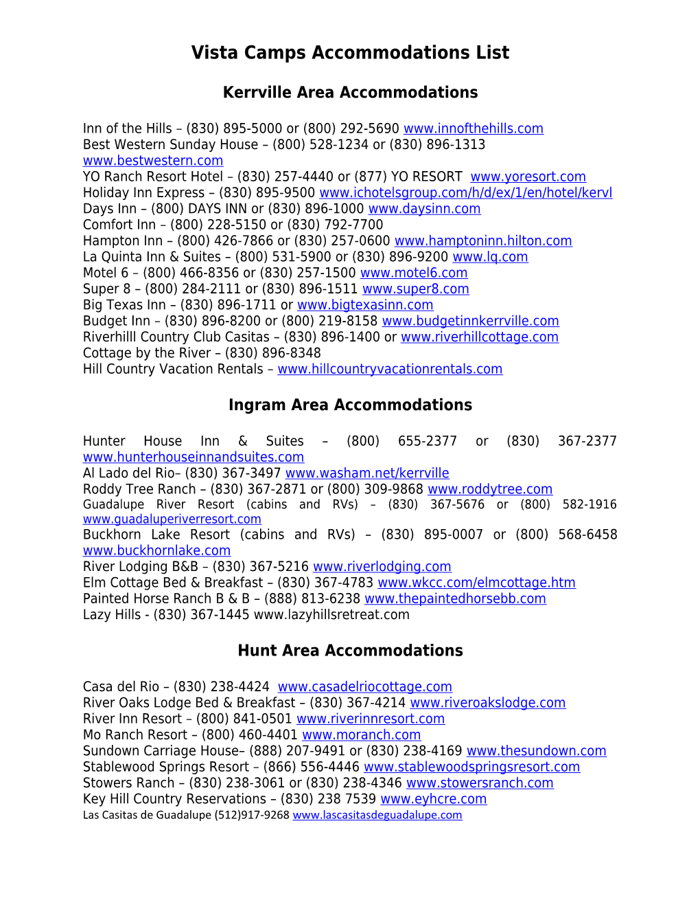 Vista Camps Accommodations List