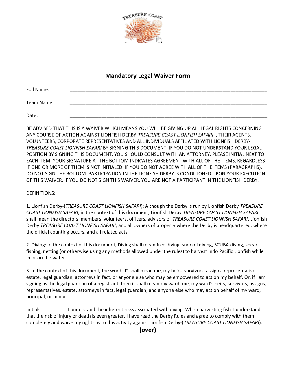 Mandatory Legal Waiver Form