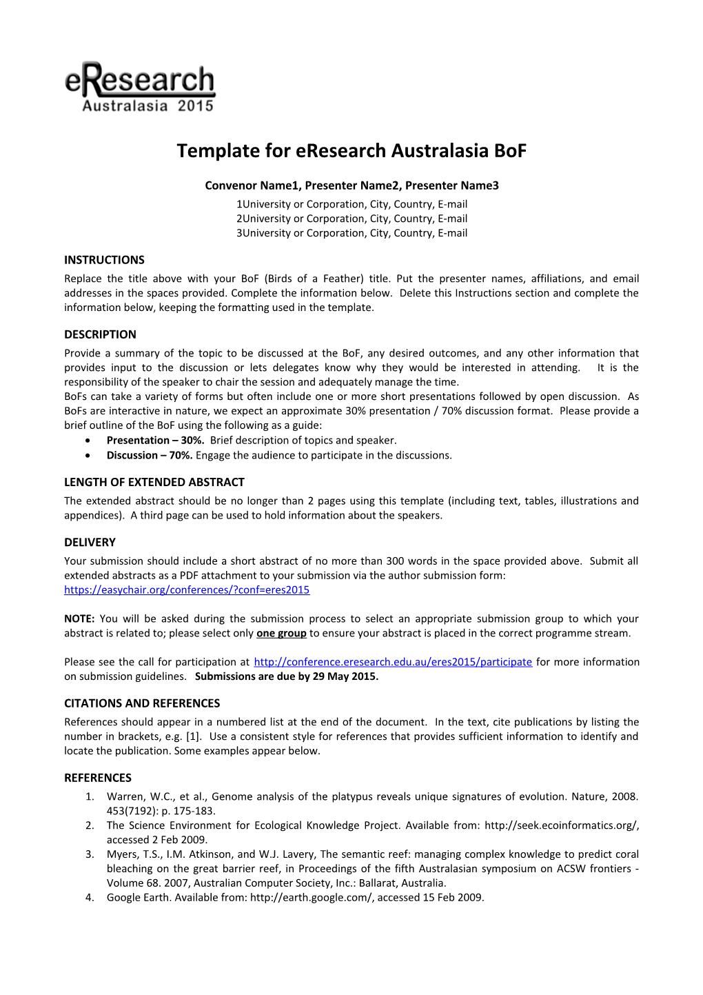 Template for Eresearch Australasia Extended Abstracts