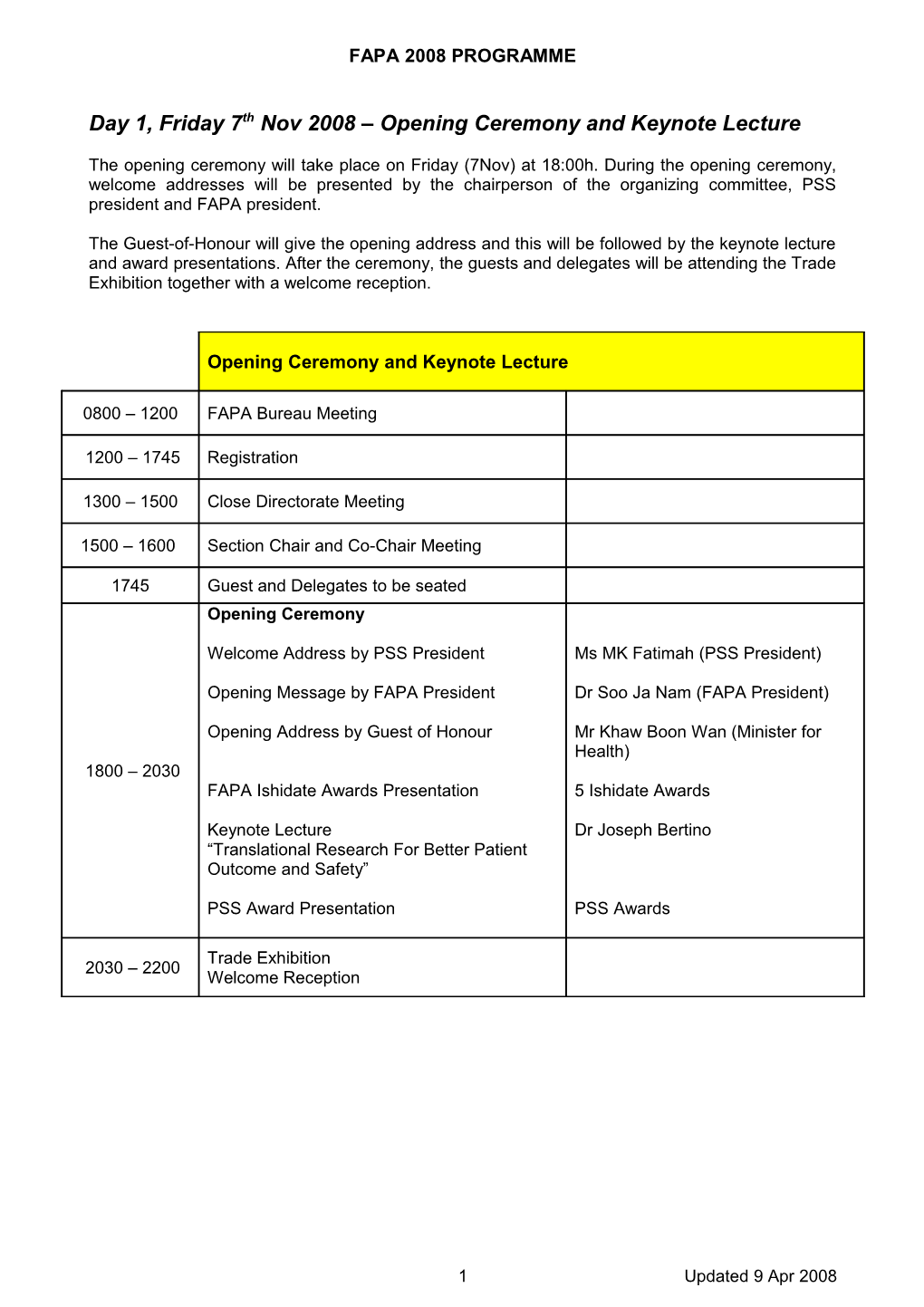 Proposed Draft Programme for Fapa 2008