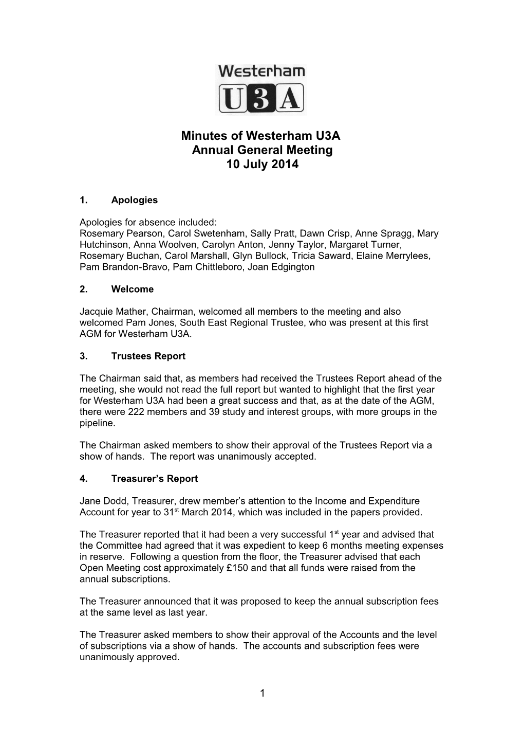 Minutes of Westerham U3A