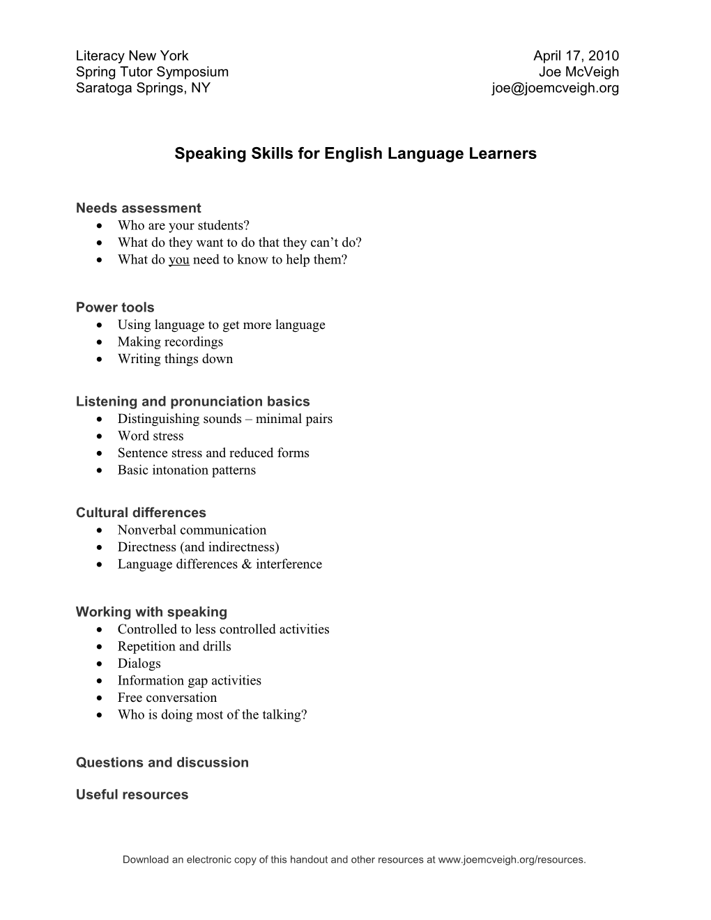 Speaking Skills for English Language Learners