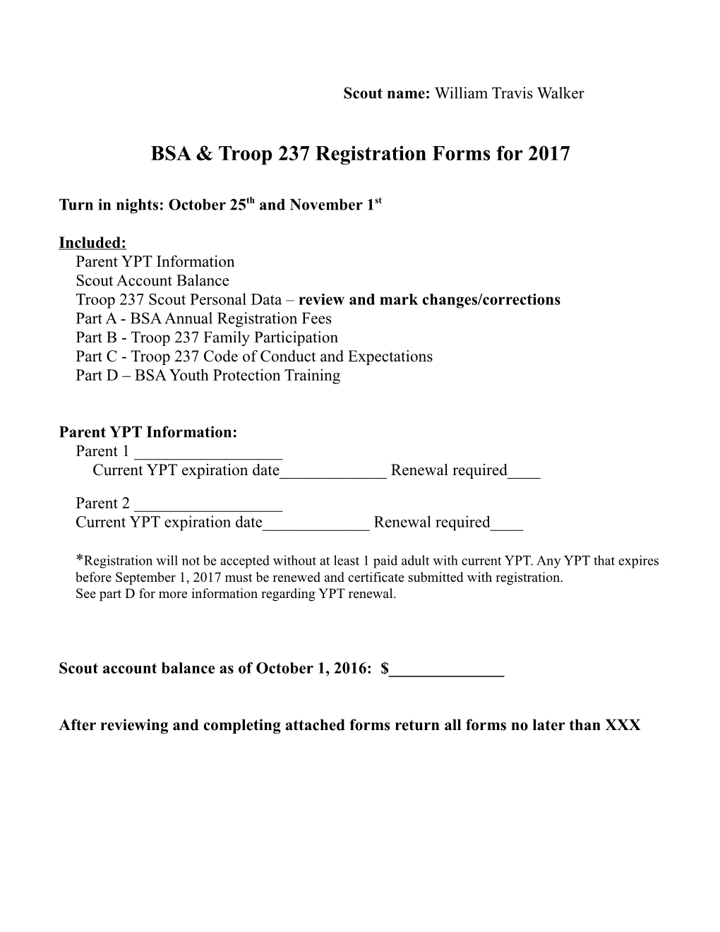 BSA Troop 237 Annual Registration 2012