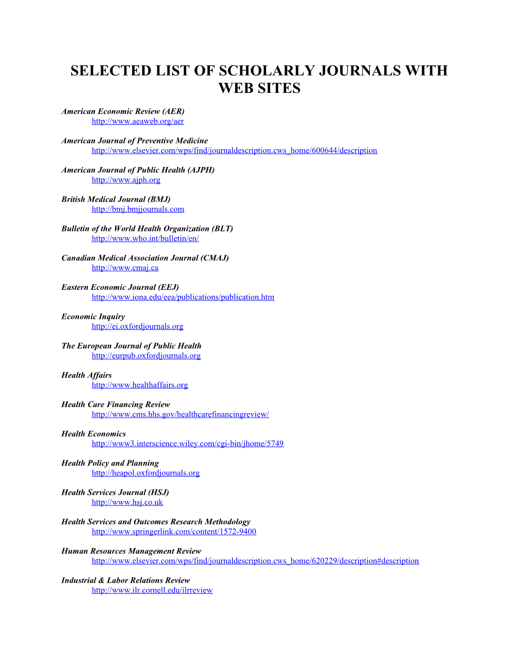 Selected List of Scholarly Journals with Web Sites