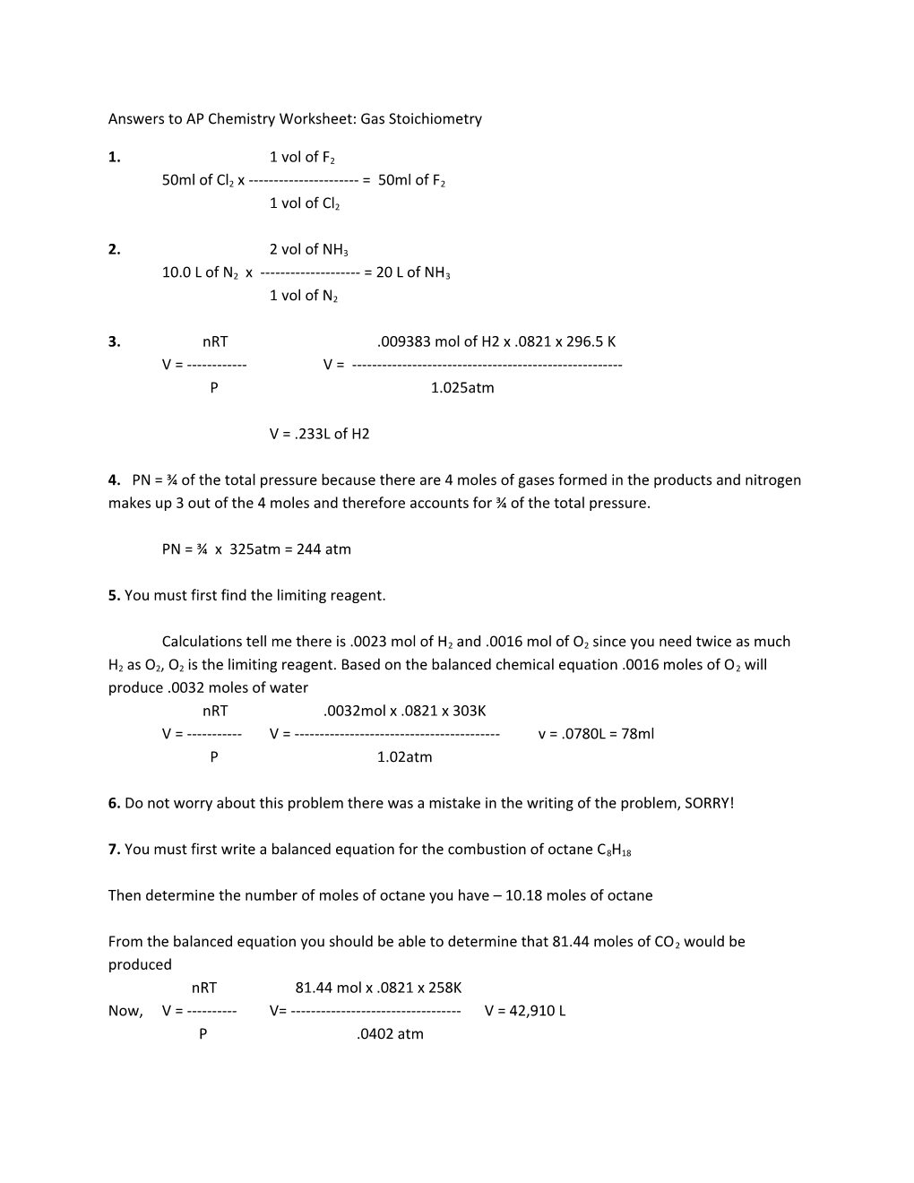 Answers to AP Chemistry Worksheet: Gas Stoichiometry