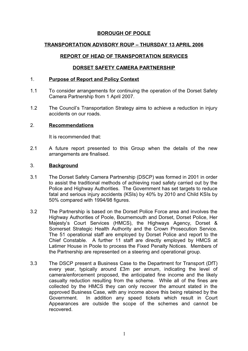 PFD Councillor Parker - 13 April 2006 Dorset Safety Camera Partnership - Report