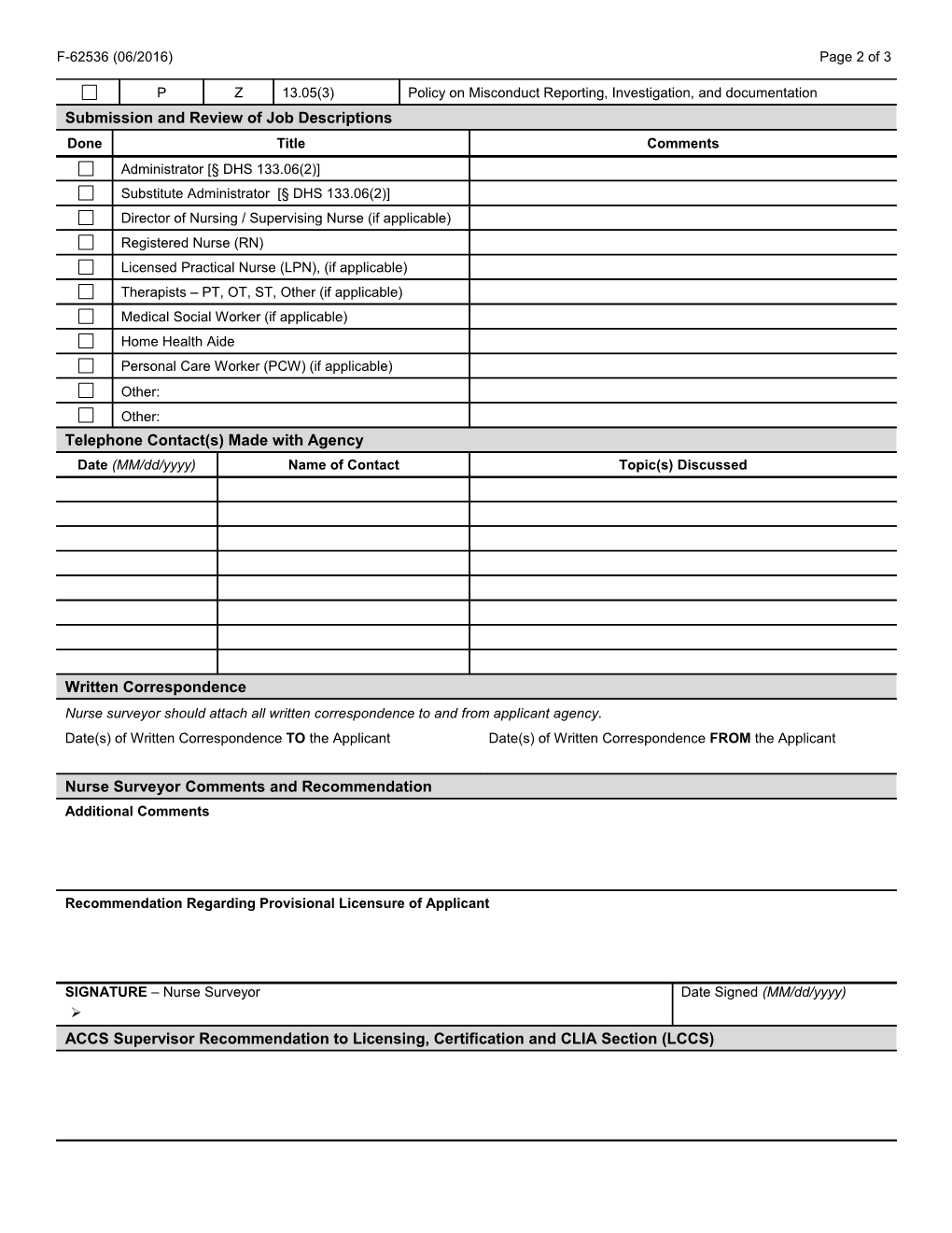 Home Health Agency ACCS Pre-Licensure Desk Review Checklist, F-62536