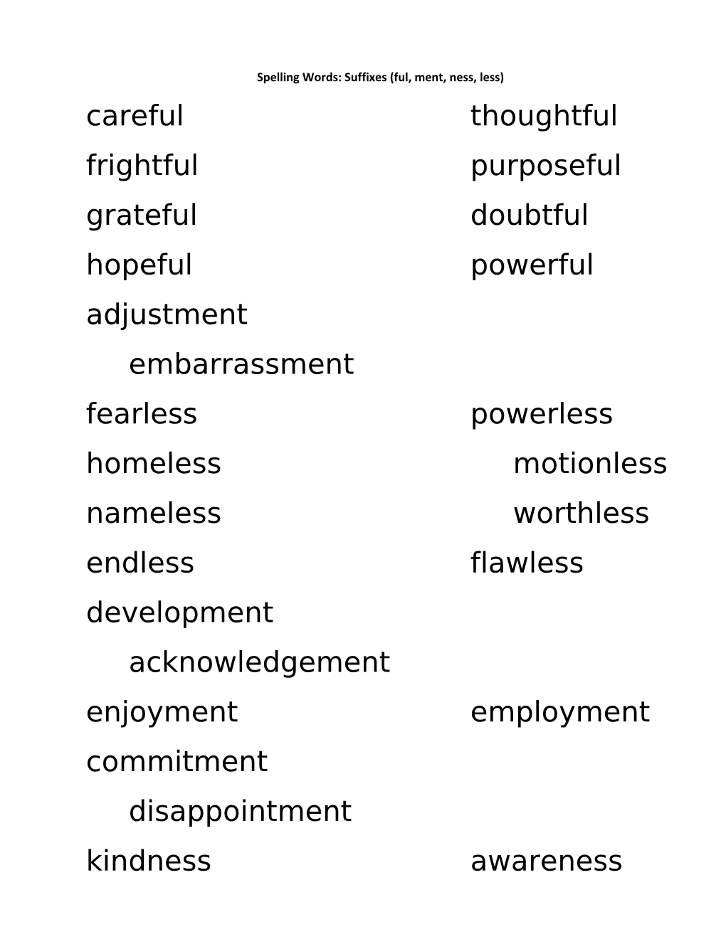 Spelling Words: Suffixes (Ful, Ment, Ness, Less)