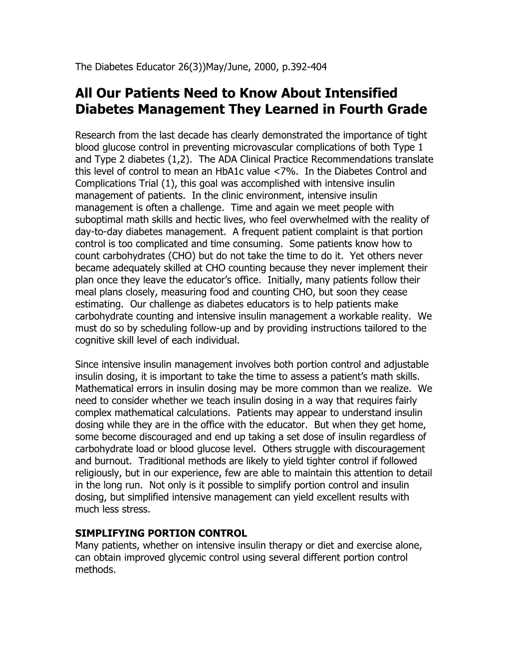 The Diabetes Educator 26(3))May/June, 2000, P