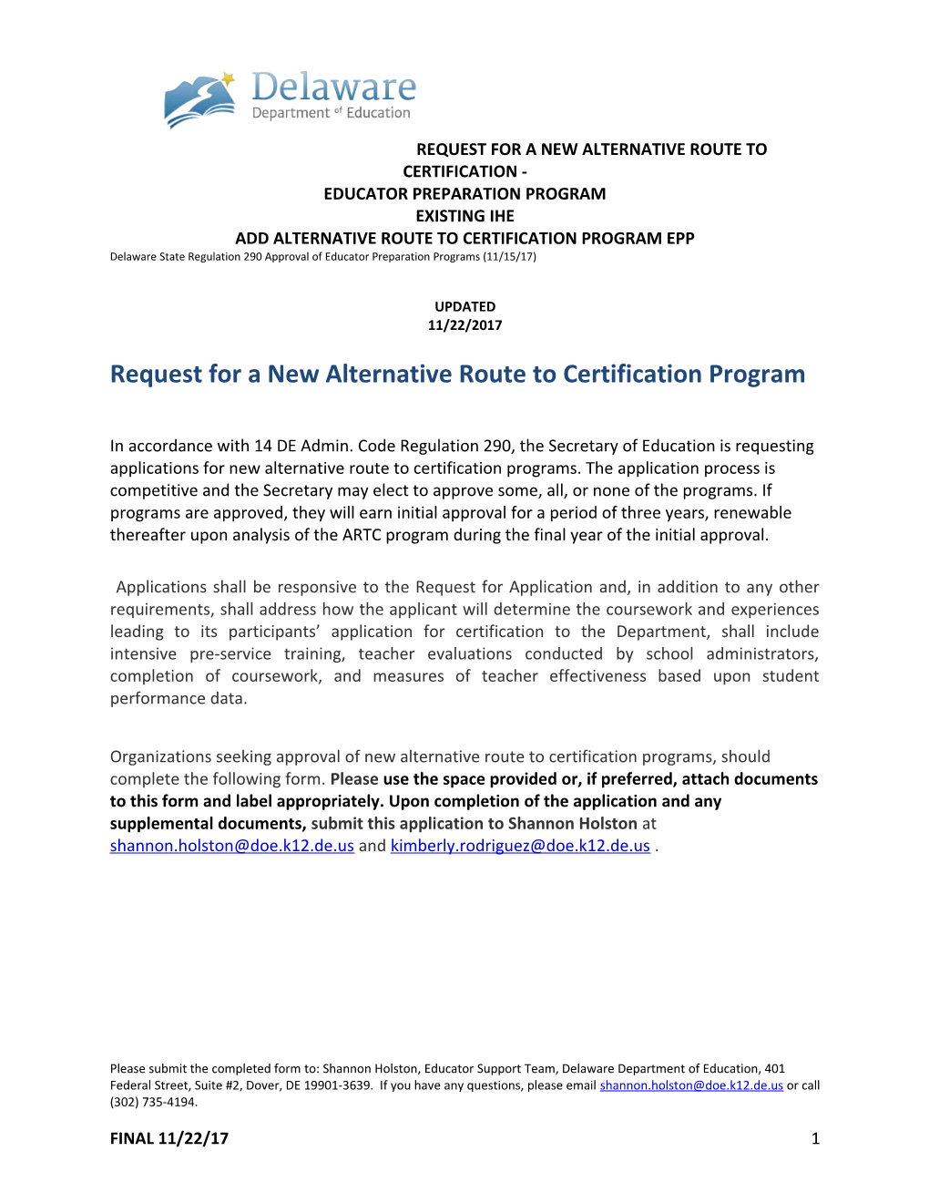 Request for a New Alternative Route to Certification Program