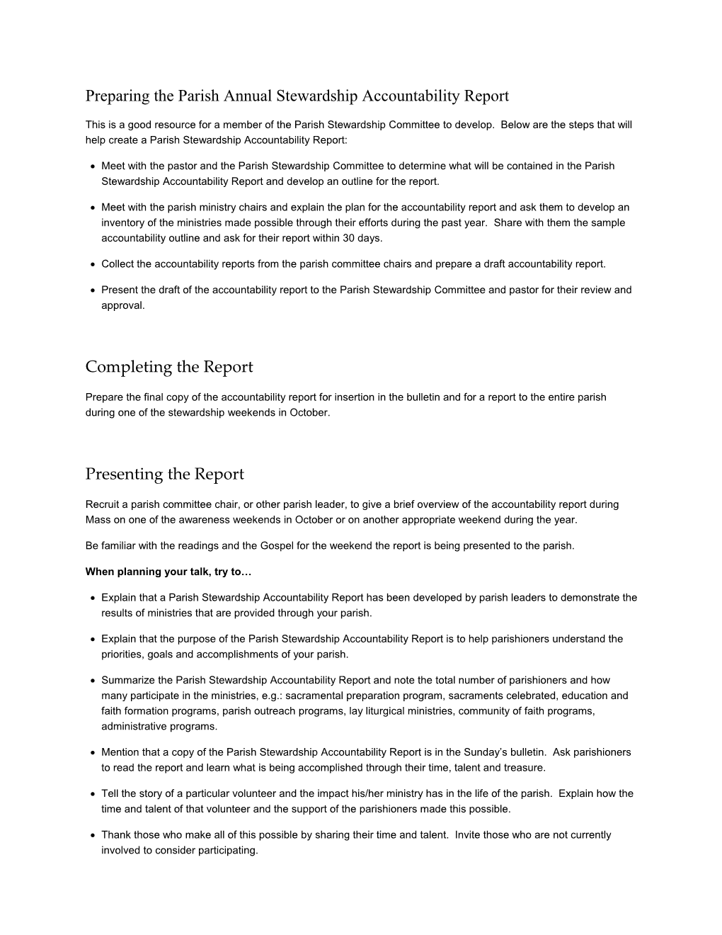 Preparing the Parish Annual Stewardship Accountability Report