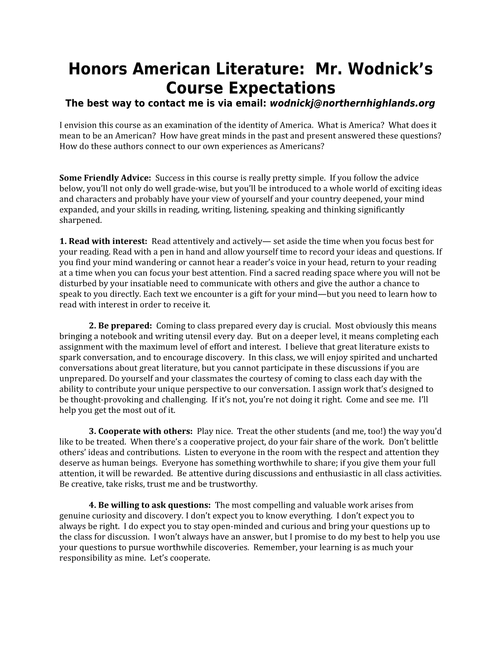 Honors American Literature: Course Expectations