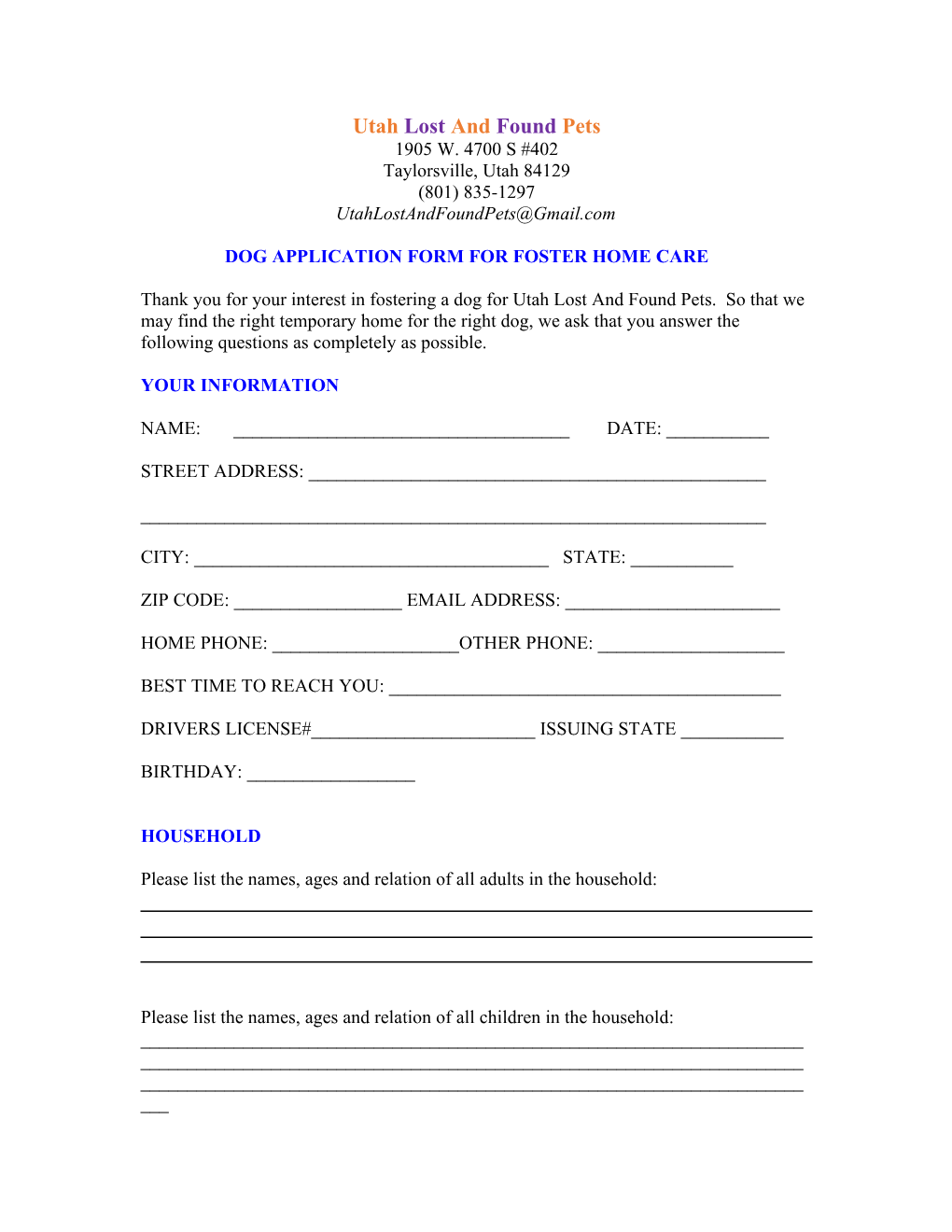 Application Form for Foster Home Care