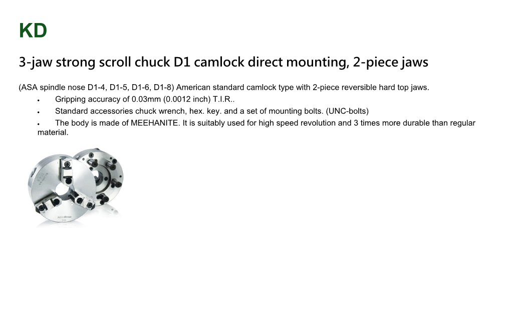 3-Jaw Strong Scroll Chuck D1 Camlock Direct Mounting, 2-Piece Jaws