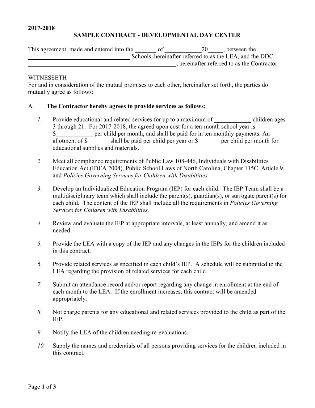 Sample Contract - Developmental Day Center