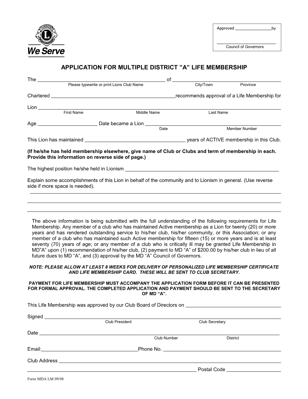 Application for Multiple District a Life Membership