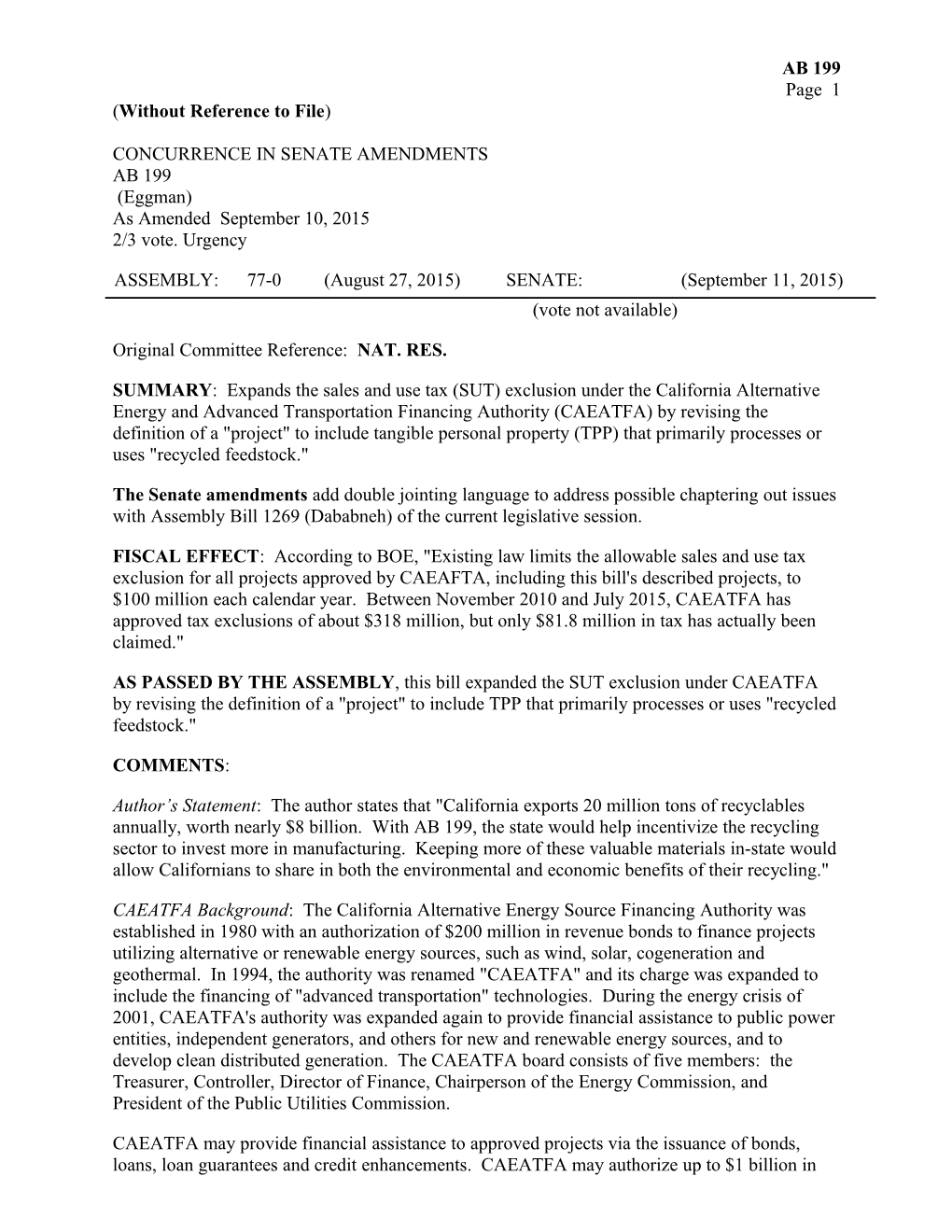 Concurrence in Senate Amendments Analysis 1 s1