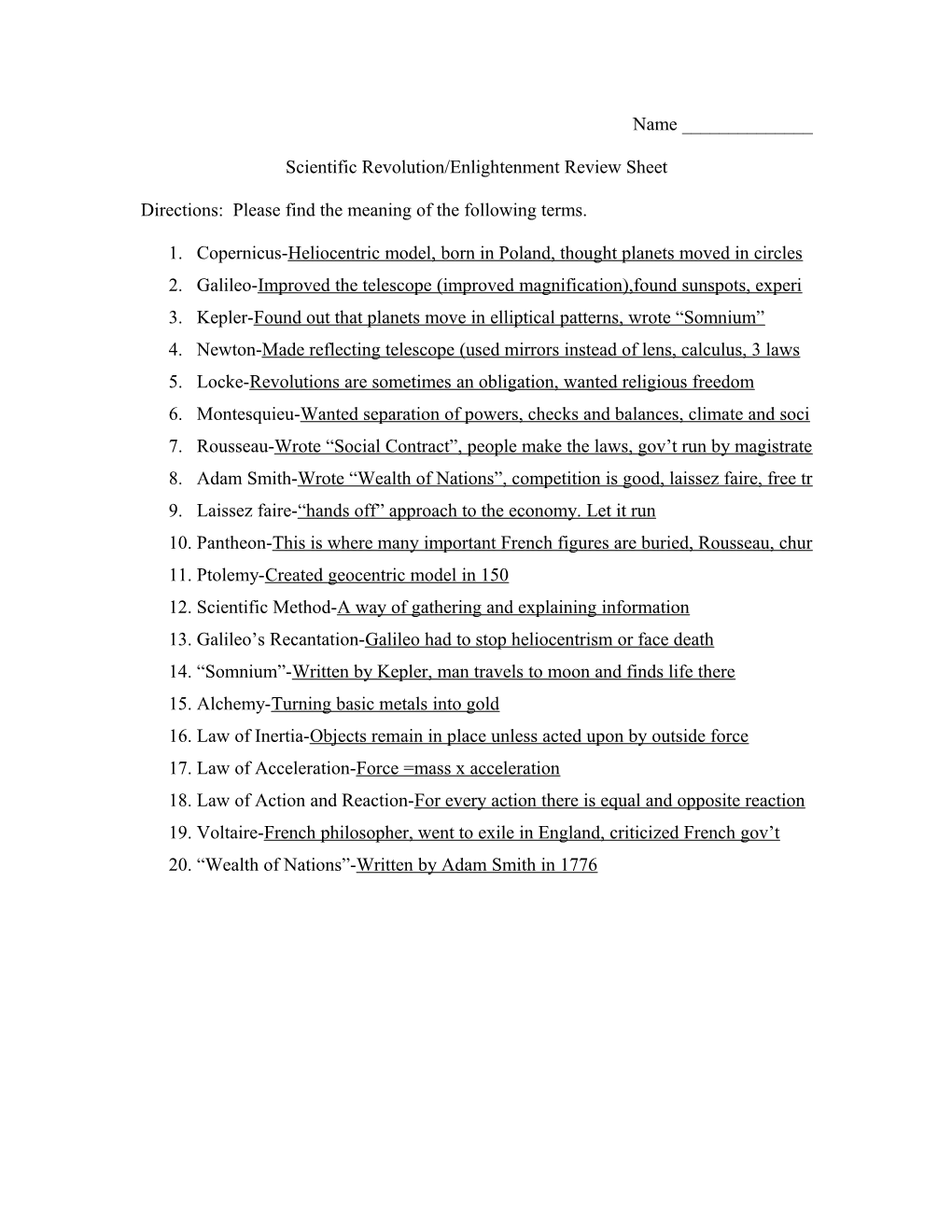 Scientific Revolution/Enlightenment Review Sheet