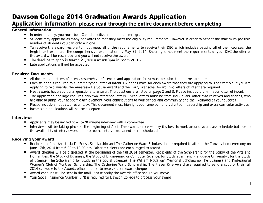 Dawson College 2014 Graduation Awards Application