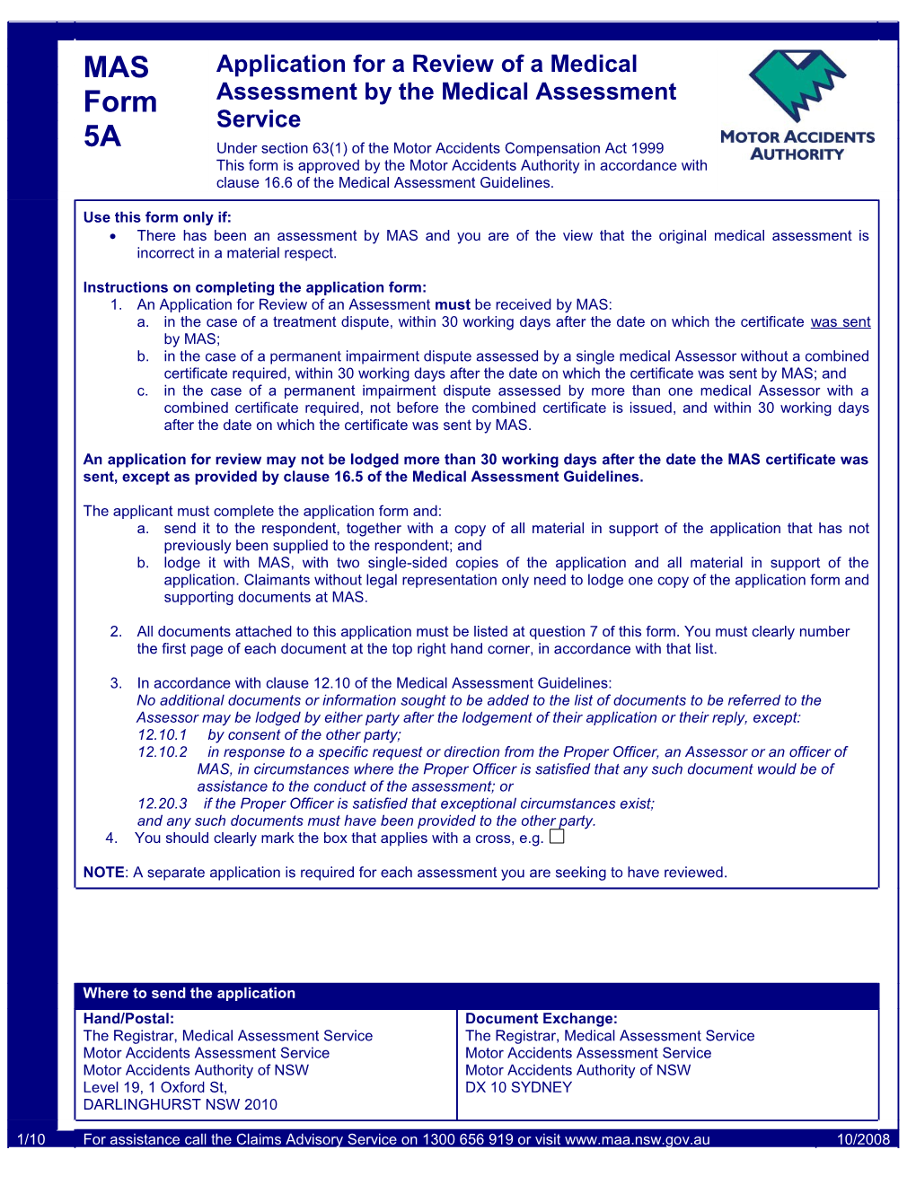 5A - Application for a Review of a Medical Assessment by the Medical Assessment Service