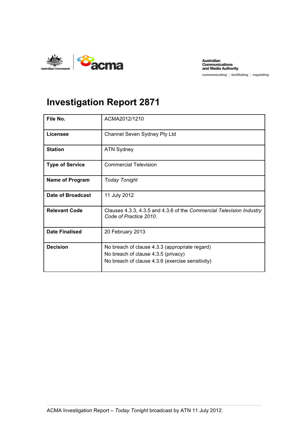 ATN Sydney - ACMA Investigation Report 2871