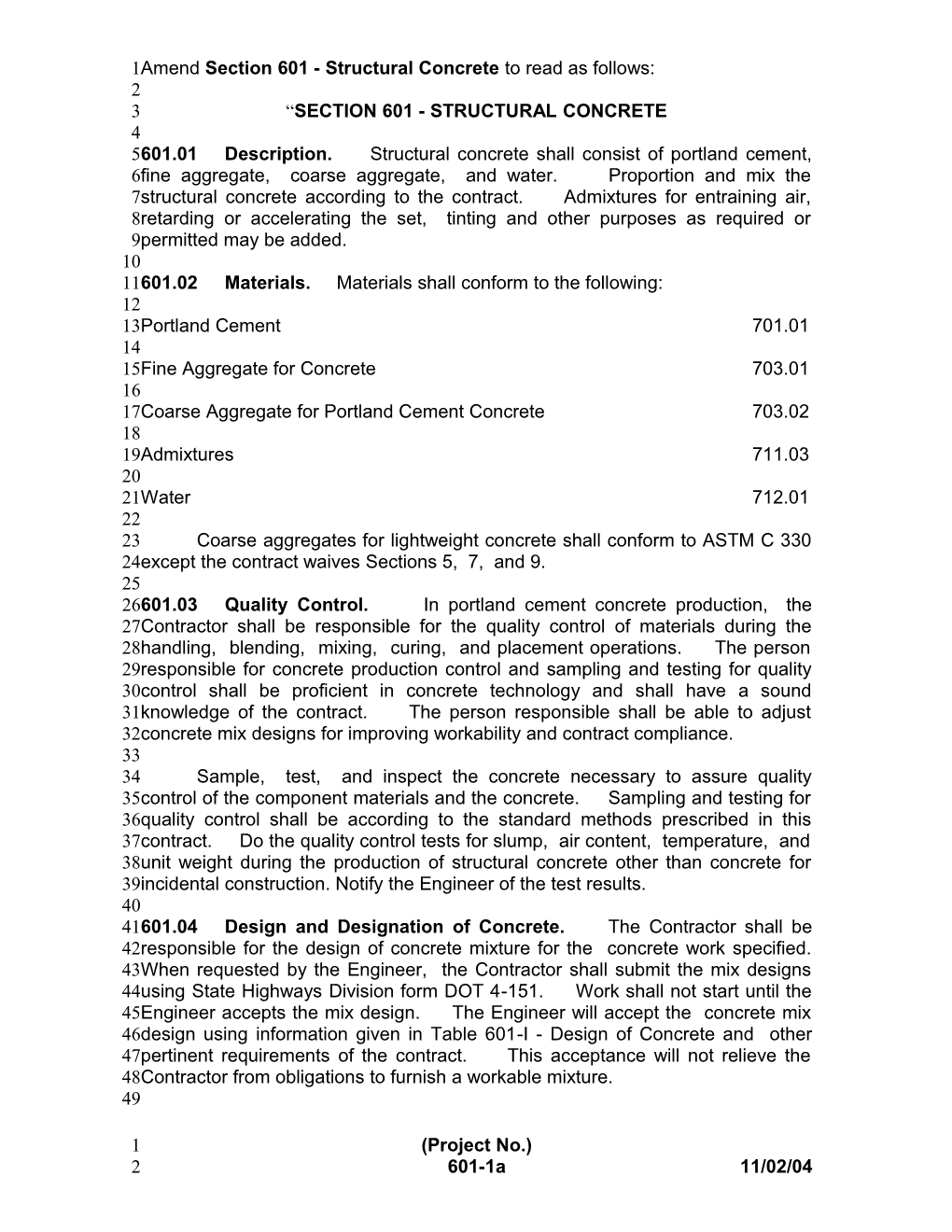 Amend Section 601 - Structural Concrete to Read As Follows