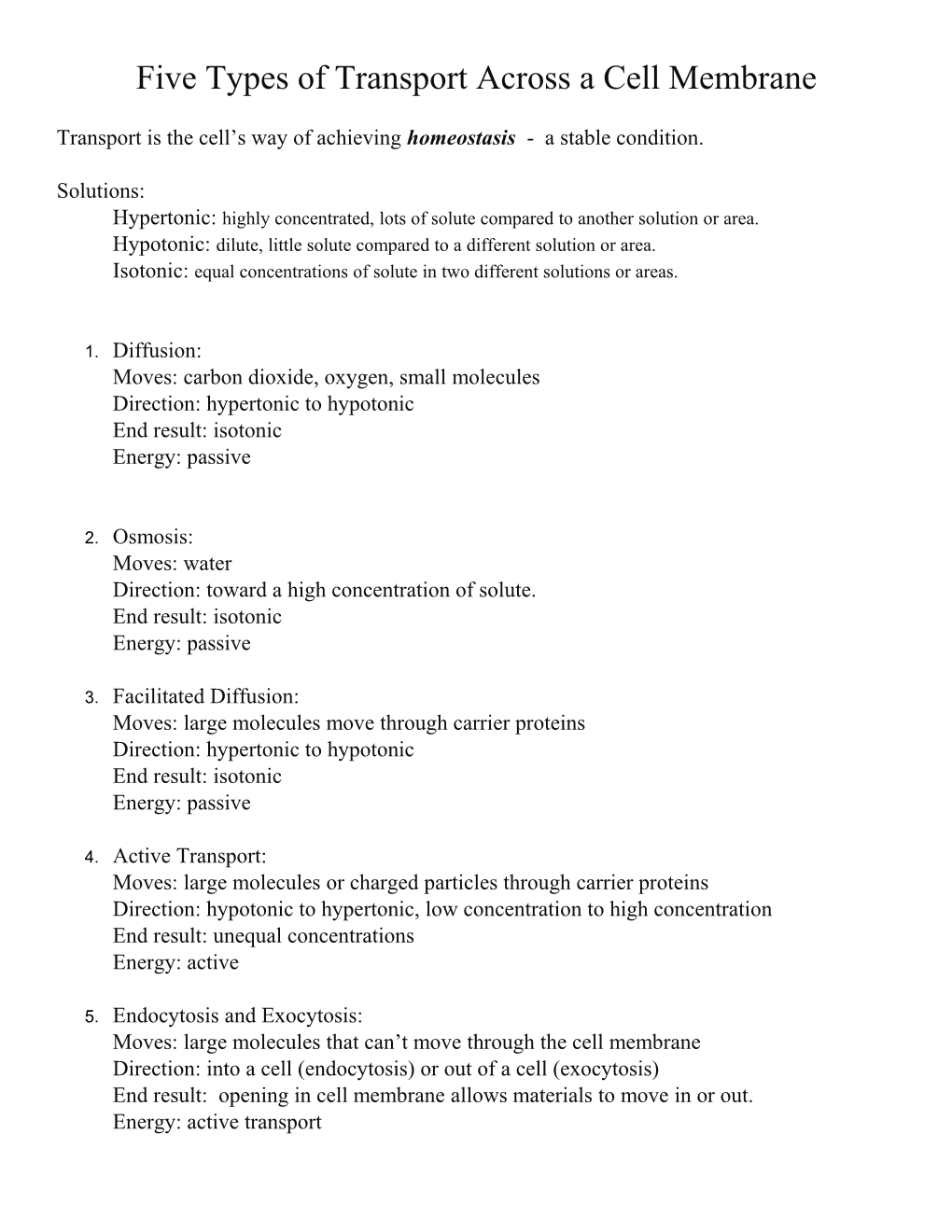 Five Types of Transport Across a Cell Membrane