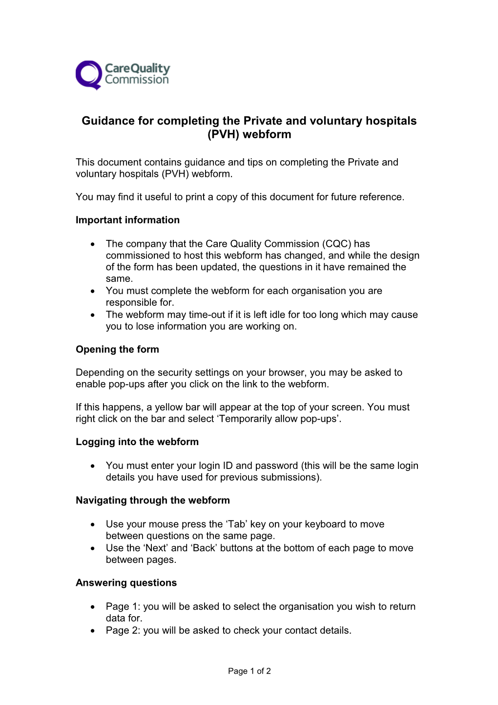 Guidance for Completing the Private and Voluntary Hospitals (PVH) Webform