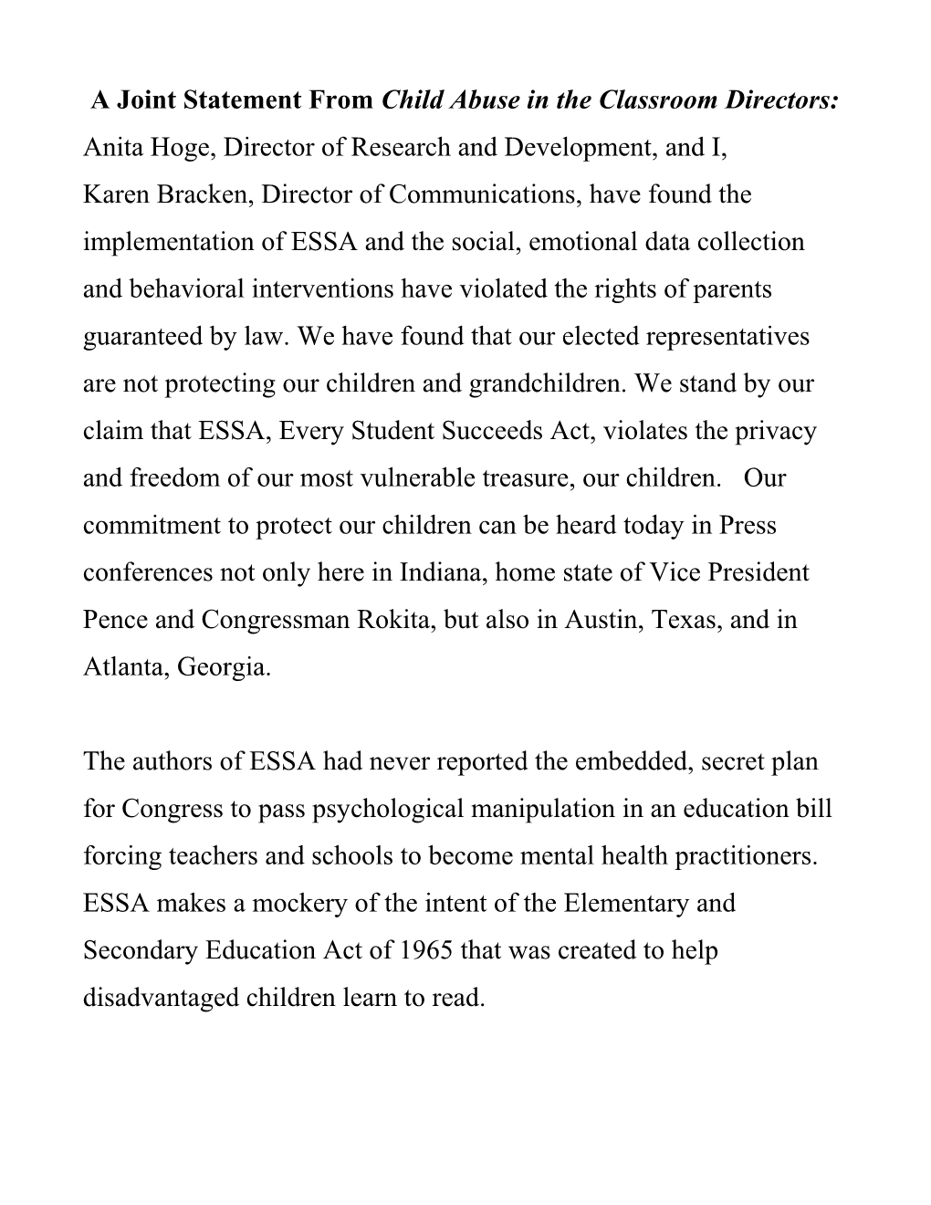 A Joint Statement from Child Abuse in the Classroom Directors