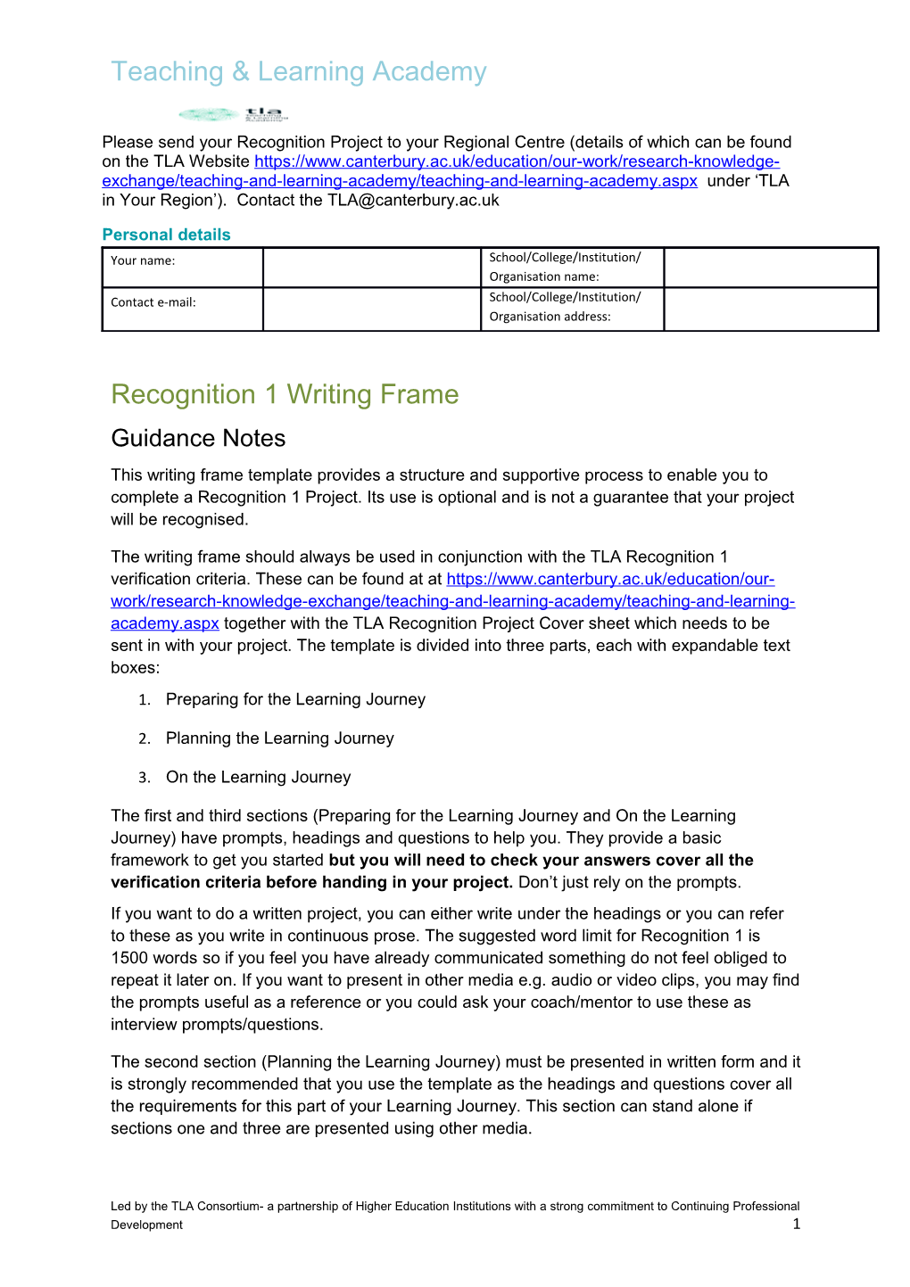 Recognition One Writing Frame