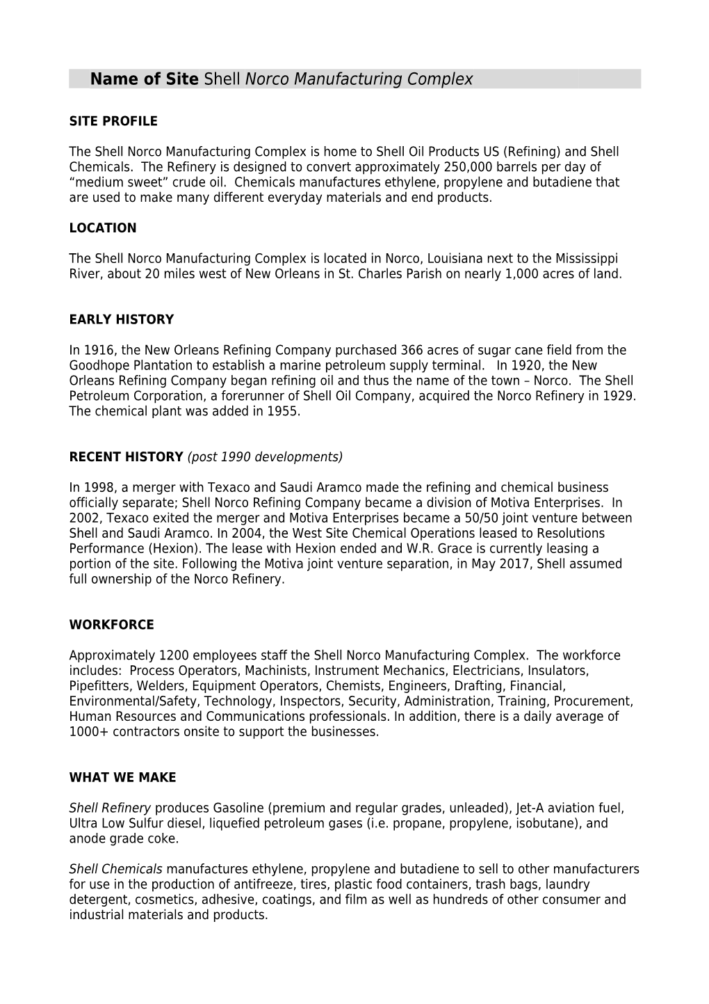 Name of Site Shell Norco Manufacturing Complex