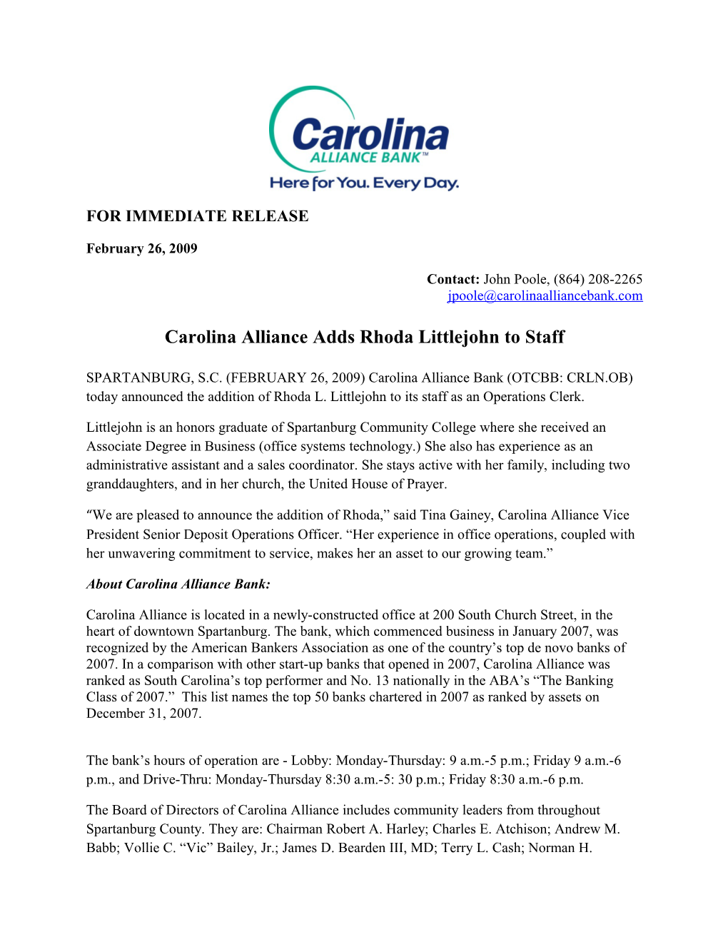 Carolina Alliance Adds Rhoda Littlejohn to Staff