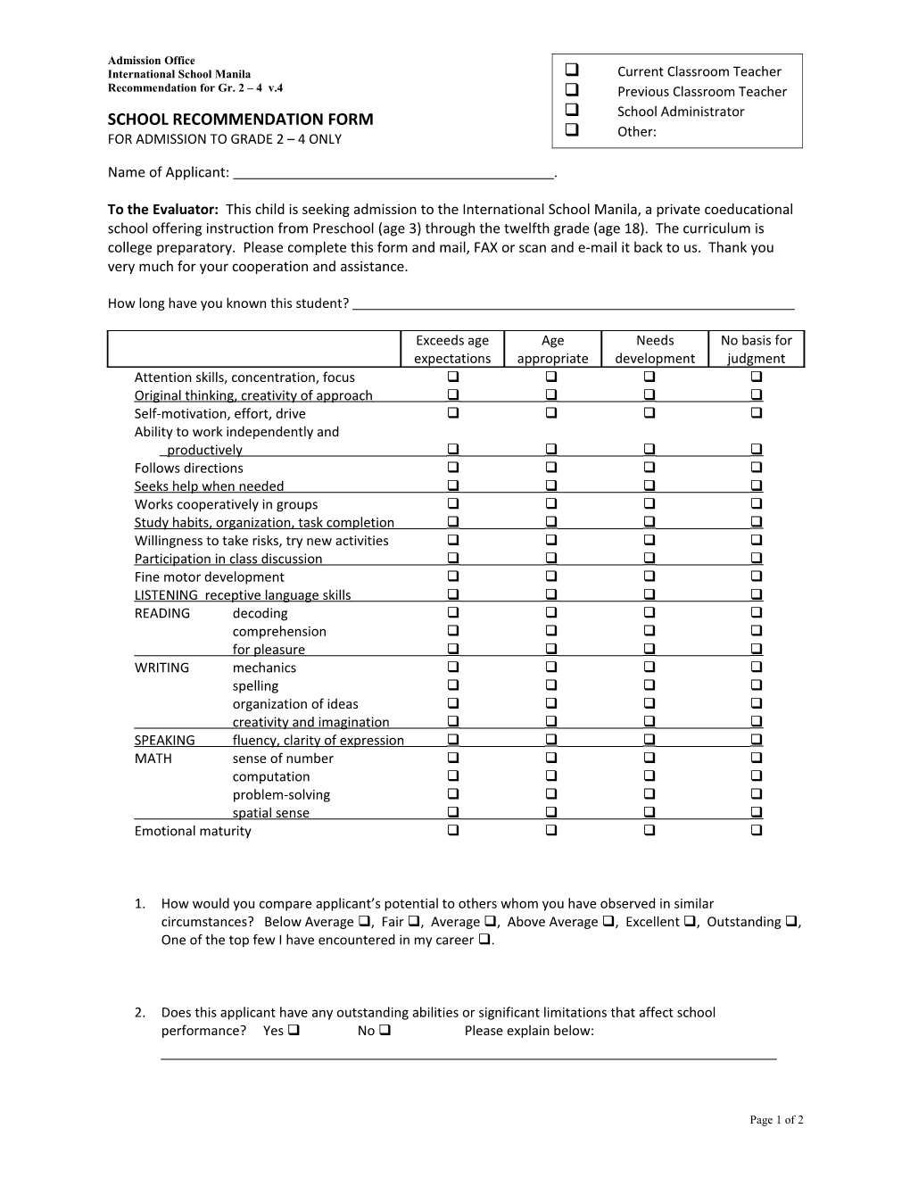 School Recommendation Form