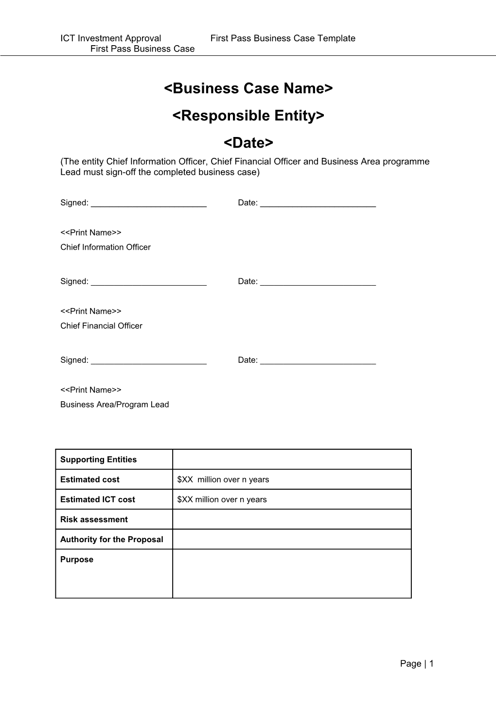 First Pass Business Case Template