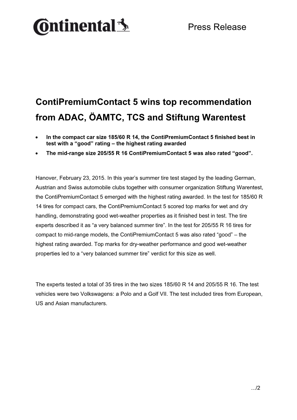 Contipremiumcontact 5 Wins Top Recommendation from ADAC, ÖAMTC, TCS and Stiftung Warentest